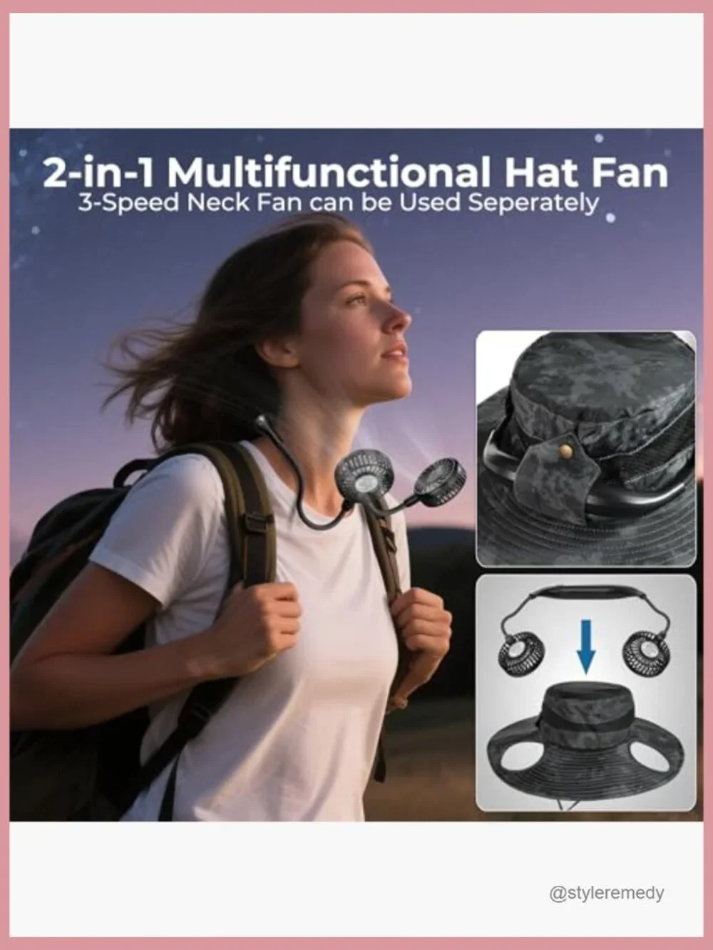Bucket Hat Fan with 2600mAh Battery, 3 Speeds, UPF 50+, Portable Cooling,